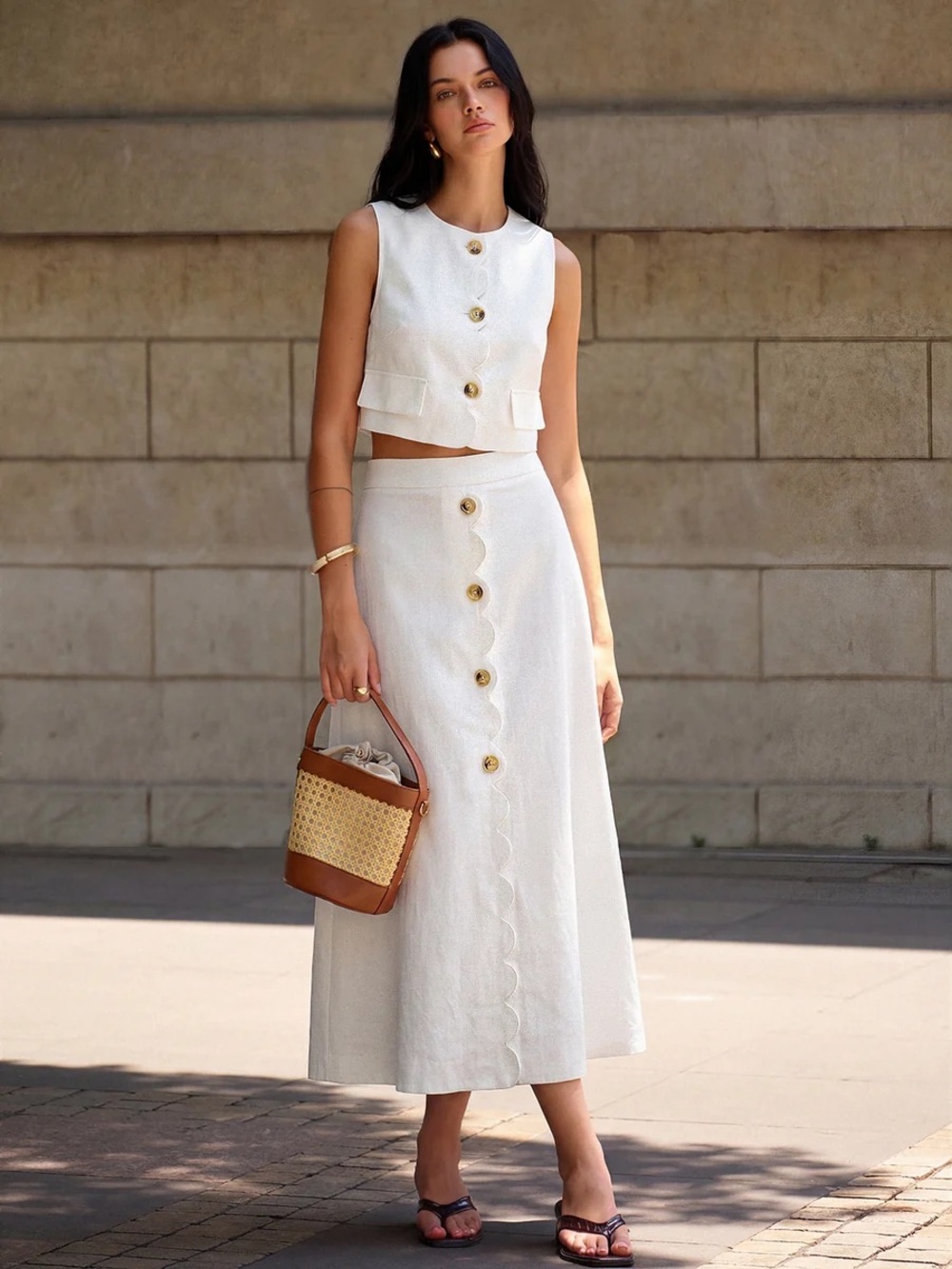 Commense Cotton Linen Scallop Trim Vest & Skirt Set